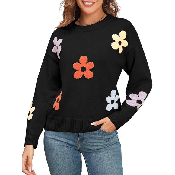 Sweaters - Women's Pullover Sweater Floral Print Color Block Long Sleeve Knit Sweater
